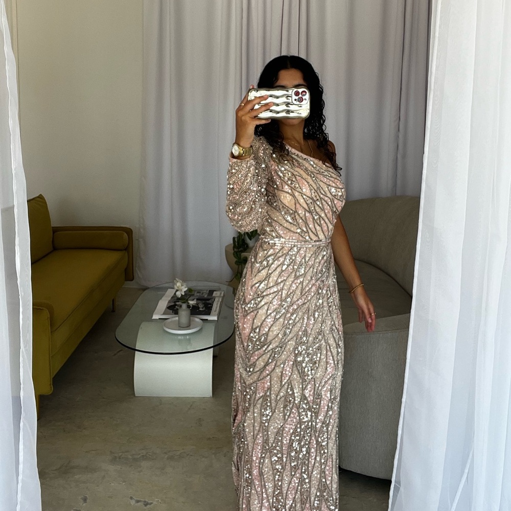 Mac Duggal Gold Sequin One-Shoulder Gown